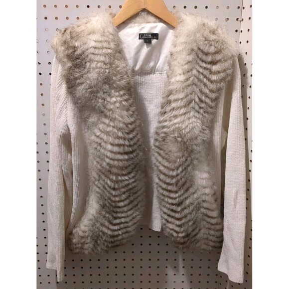 Lisa International Faux Fur Sweater Size Large Long Sleeve White Brown - Picture 1 of 6